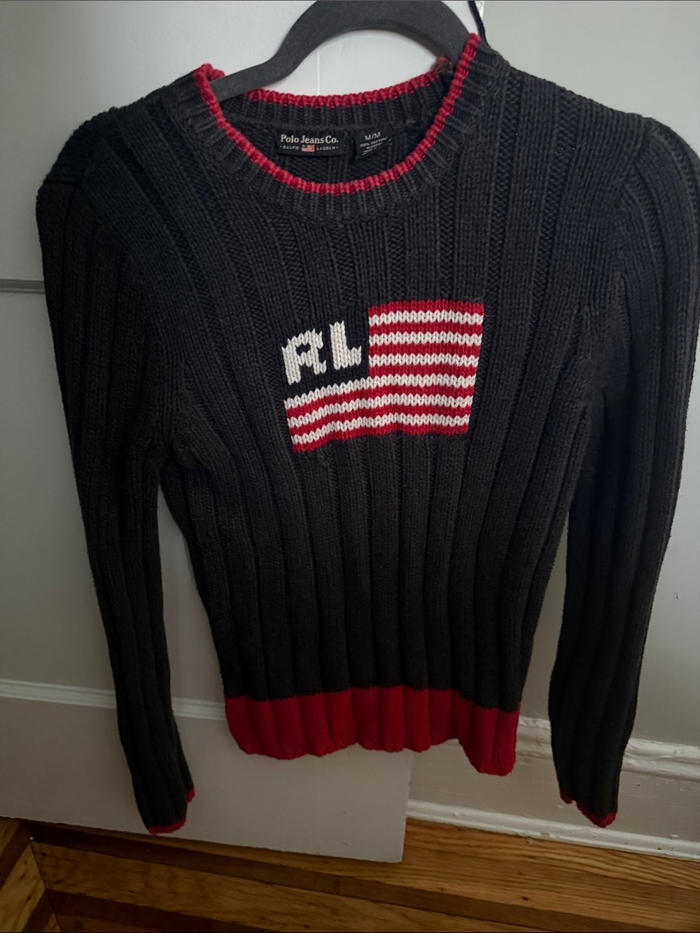 Polo by Ralph Lauren Black Ribbed Crew Sweater with Red Trim and Flag